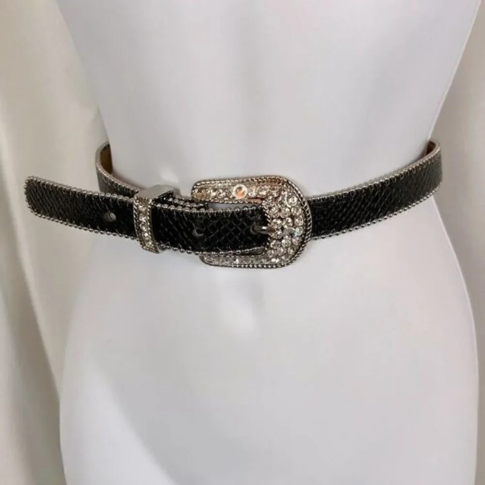 CACHE WOMENS BLACK LEATHER BELT WITH SIMULATED DIAMONDS SIZE S